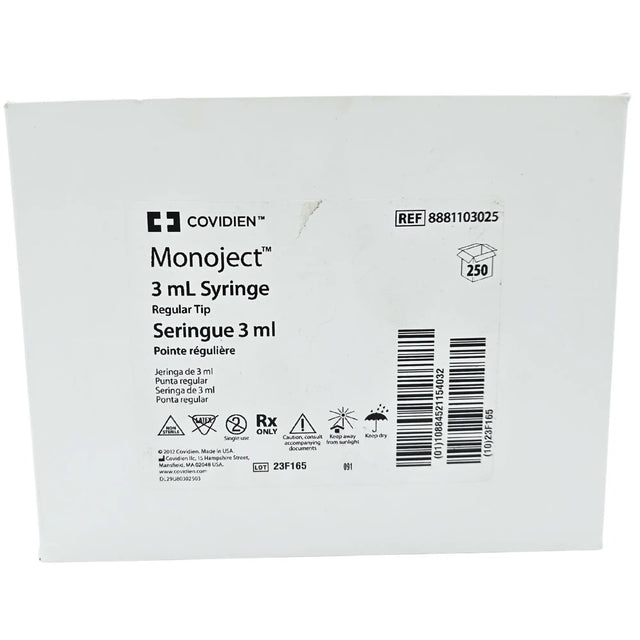 Covidien Monoject 8881103025 Regular Luer Tip Syringe without Needle, 3 mL - Box of 250 - New / Sterile Covidien