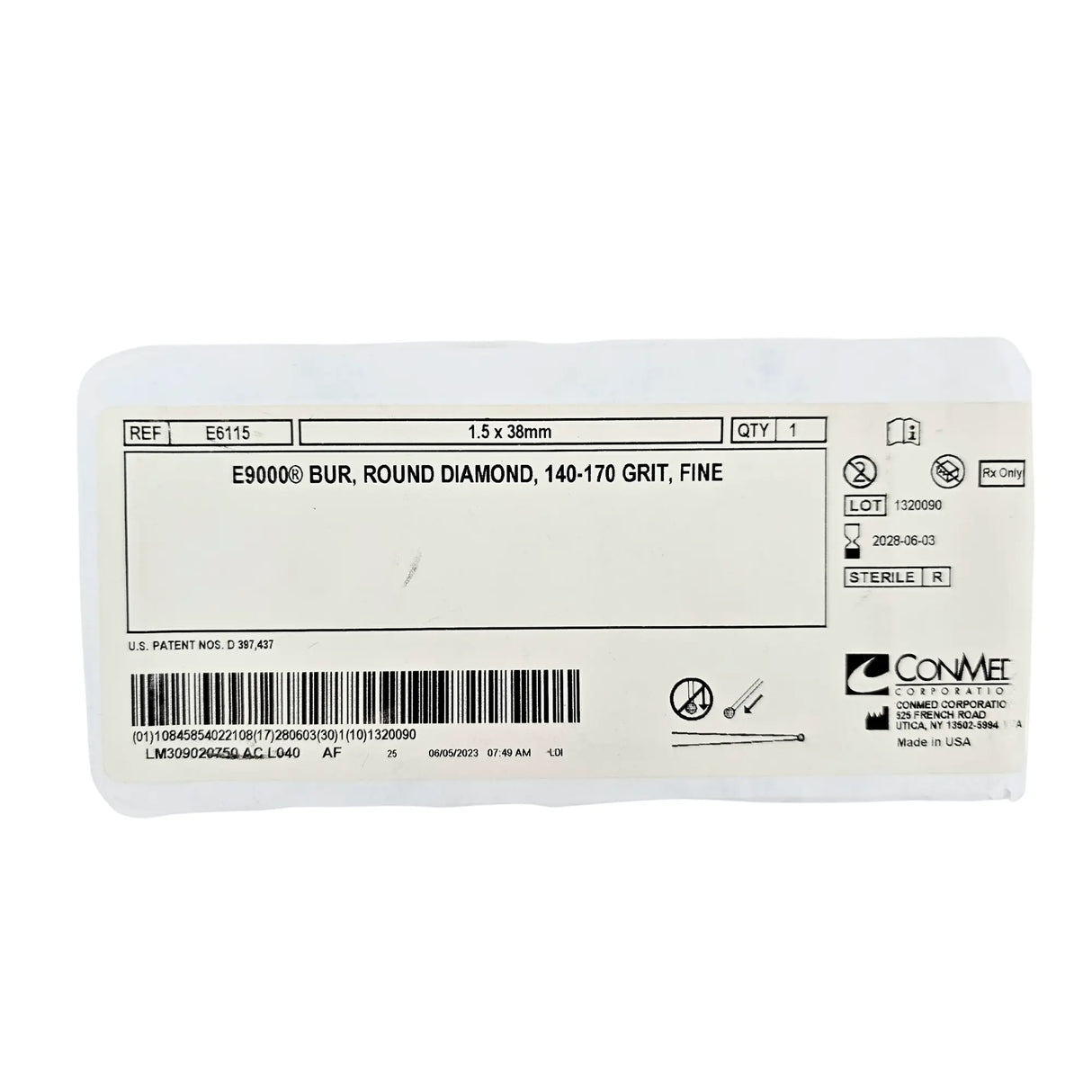 ConMed Linvatec E6115 E9000 Fine Round Diamond Bur 1.5mm x 38mm ConMed