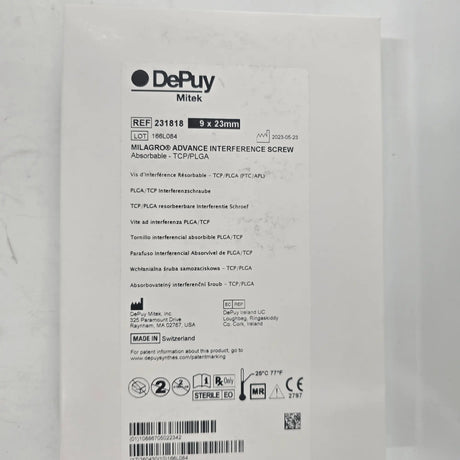 DePuy Mitek 231818 MILAGRO ADVANCE Interference Screw – 9mm x 23mm Biocryl Rapide DePuy Mitek