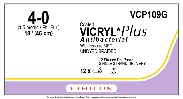 Ethicon Vicryl Plus VCP109G Suture - 18" Violet Braided Polyglactin 910, Absorbable (Box of 144) Ethicon