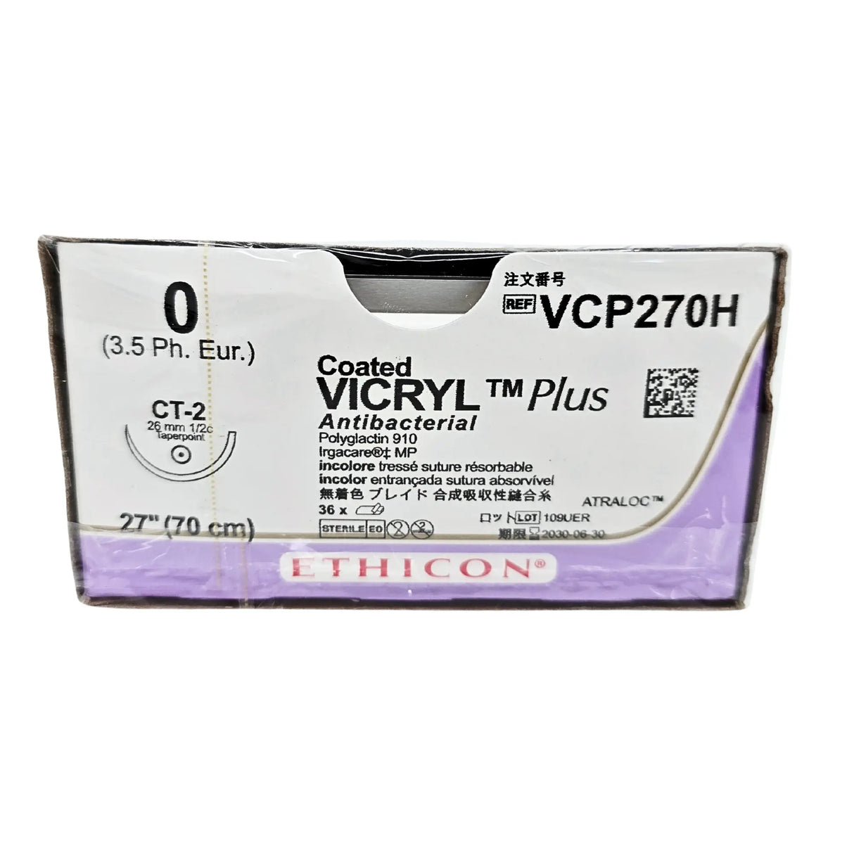 Ethicon VCP270H Coated VICRYL Plus Antibacterial Suture Size 0 with CT-2 Needle – Box of 36 Ethicon