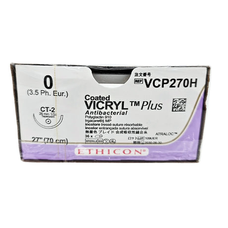 Ethicon VCP270H Coated VICRYL Plus Antibacterial Suture Size 0 with CT-2 Needle – Box of 36 Ethicon