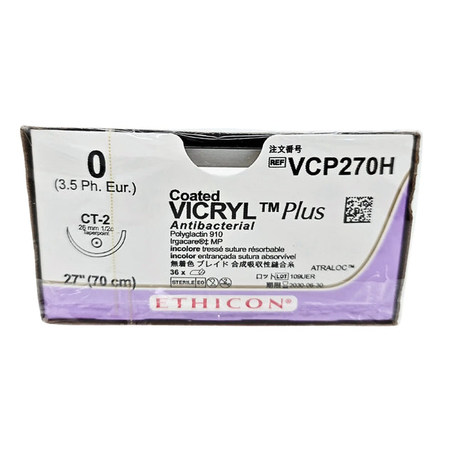 Ethicon VCP270H Coated VICRYL Plus Antibacterial Suture Size 0 with CT-2 Needle – Box of 36 Ethicon