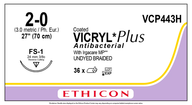 Ethicon Vicryl VCP443H Suture - Size 2-0, 27", Undyed Braided Polyglactin 910 (Box of 36) Ethicon