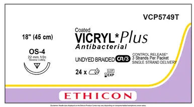 Ethicon Vicryl VCP5749T Suture - Undyed Braided Polyglactin 910, OS-4 Needle (Box of 12) Ethicon