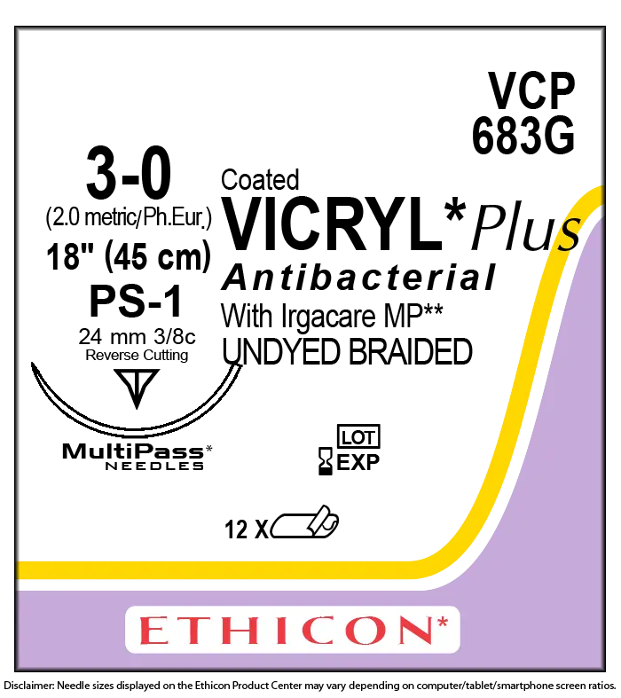 Ethicon Vicryl VCP683G Suture - Size 3-0, 18", Undyed Braided Polyglactin 910 (Box of 12) Ethicon