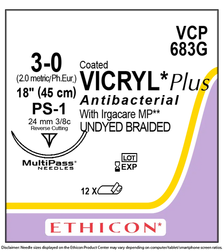 Ethicon Vicryl VCP683G Suture - Size 3-0, 18", Undyed Braided Polyglactin 910 (Box of 12) Ethicon