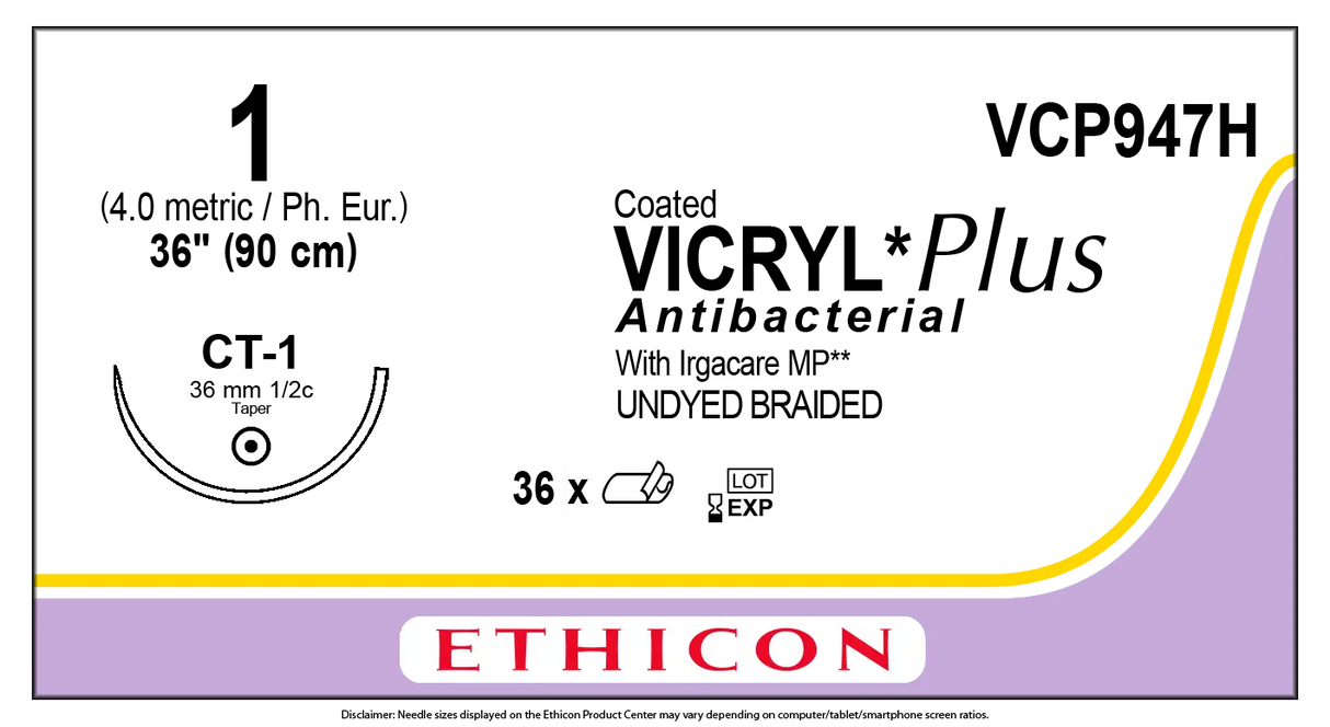 Ethicon Vicryl VCP947H Suture - Size 1, 36", Undyed Braided Polyglactin 910 (Box of 36) Ethicon