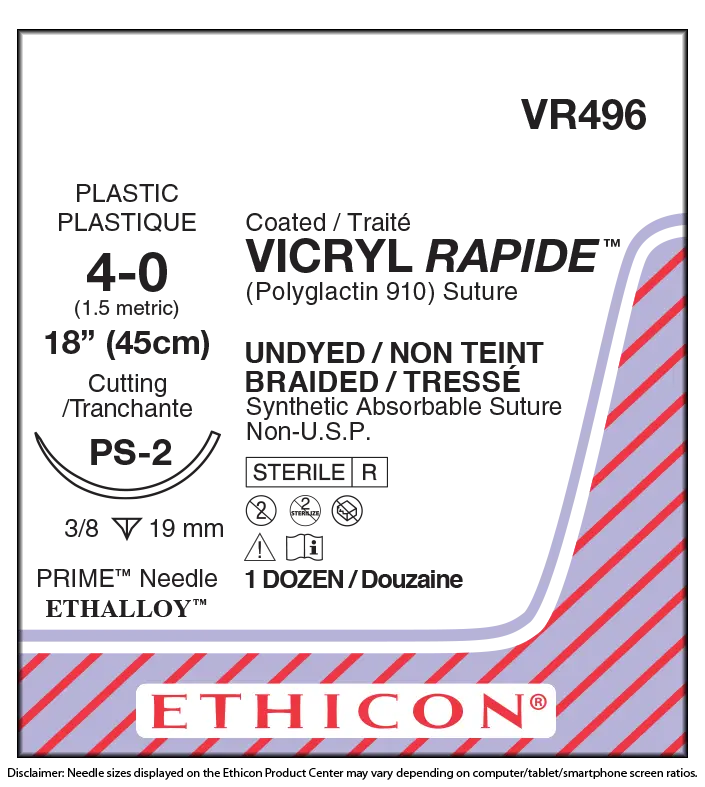 Ethicon Vicryl VR496 Suture - Size 4-0, 18", Undyed Braided Polyglactin 910, PS-2 Needle (Box of 12) Ethicon
