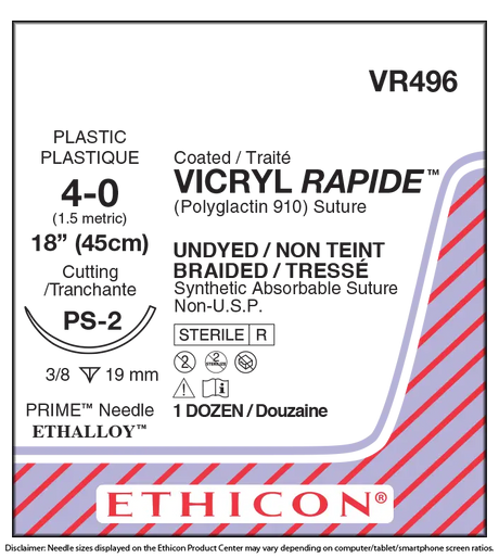 Ethicon Vicryl VR496 Suture - Size 4-0, 18", Undyed Braided Polyglactin 910, PS-2 Needle (Box of 12) Ethicon