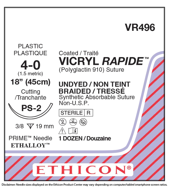 Ethicon Vicryl VR496 Suture - Size 4-0, 18", Undyed Braided Polyglactin 910, PS-2 Needle (Box of 12) Ethicon