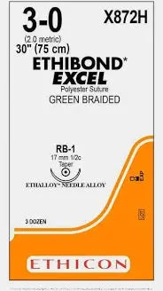 Ethicon Ethibond X872H Suture - Green Braided Polyester, Nonabsorbable (Box of 36) Ethicon