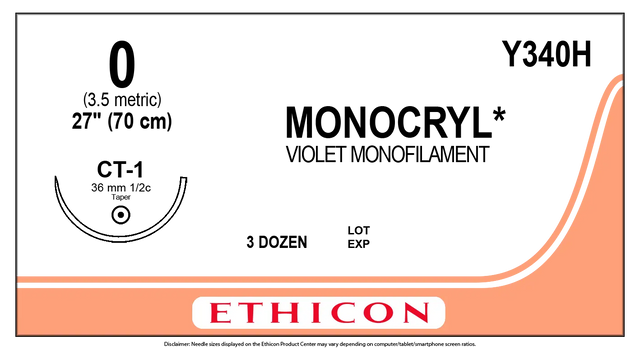 Ethicon Monocryl Y340H Suture - Violet Monofilament Poliglecaprone 25, Absorbable (Box of 36) Ethicon