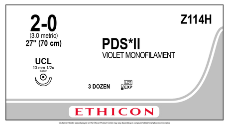 Ethicon PDS Z114H Suture - Violet Monofilament Polydioxanone, Absorbable (Box of 36) Ethicon