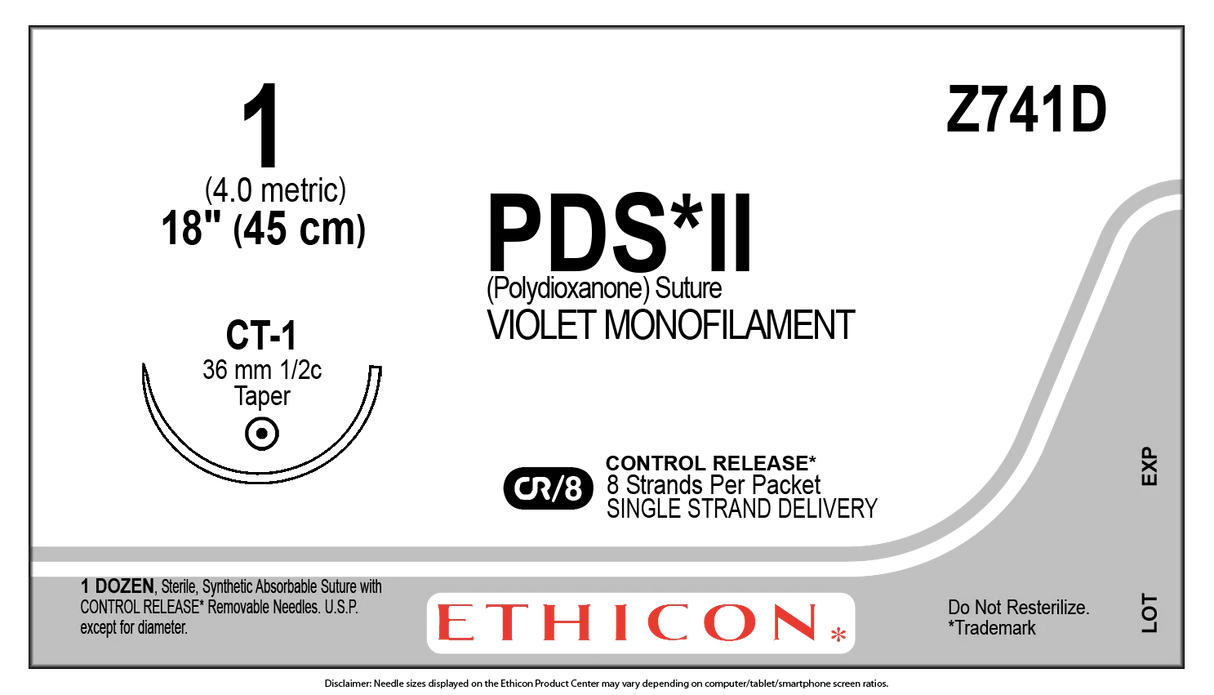 Ethicon PDS Z741D Suture - Violet Monofilament Polydioxanone, Absorbable (Box of 12) Ethicon