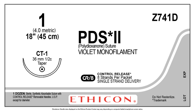 Ethicon PDS Z741D Suture - Violet Monofilament Polydioxanone, Absorbable (Box of 12) Ethicon
