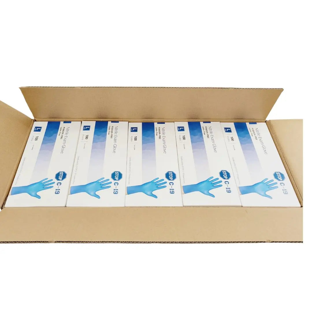 Powder Free Blue Nitrile Exam Gloves Large Stop C-19 Latex Free 1000/CS Stop C-19