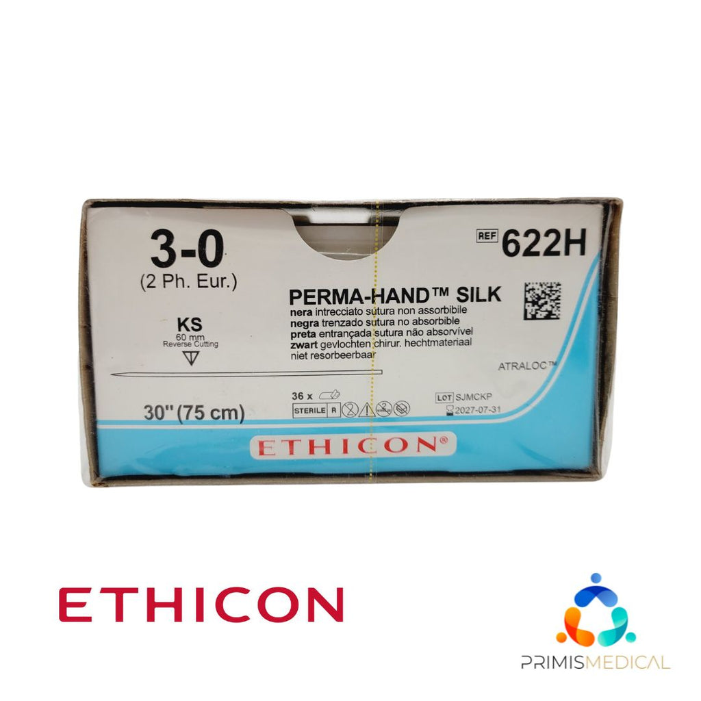 Ethicon PERMA-HAND SILK 622H 3-0 KS 60mm Black Braided 30", Box of 36