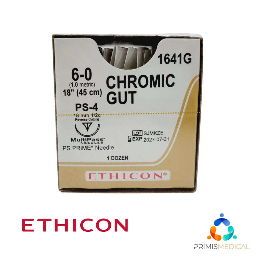 Ethicon 1641G 6-0 CHROMIC GUT BROWN 1X18" PS-4, Box of 12