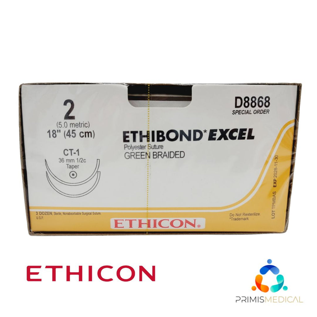 Ethicon D8868 2 ETHIBOND GREEN 1X18" CT-1 DOUBLE ARMED, Box of 36