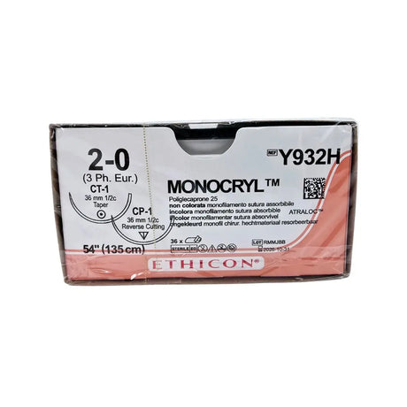 Ethicon Y932H 2-0 MONOCRYL UNDYED 1X54" CP-1,CT-1 DOUBLE ARMED Box of 36 Ethicon