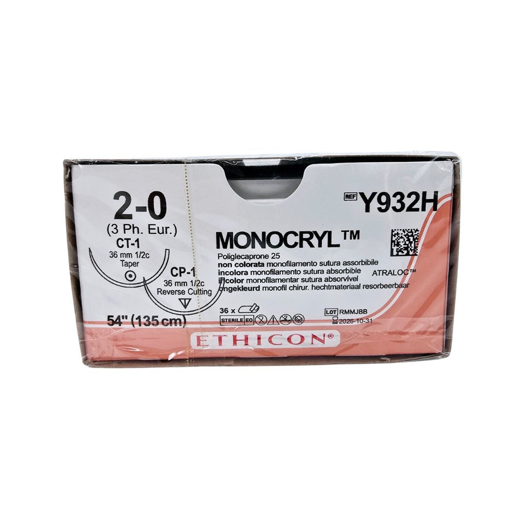 Ethicon Y932H 2-0 MONOCRYL UNDYED 1X54" CP-1,CT-1 DOUBLE ARMED Box of 36