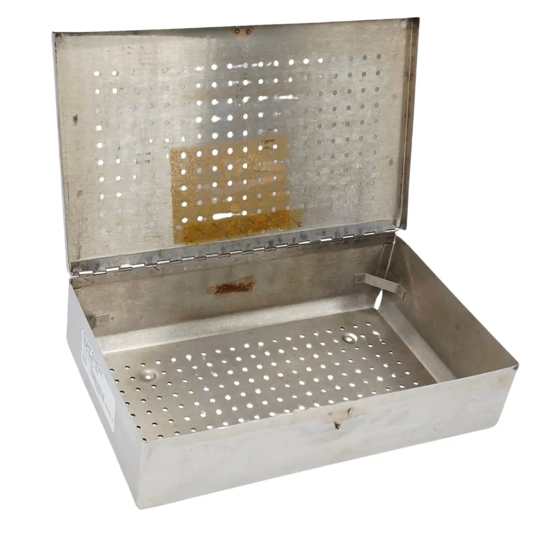 Metal sterilization box with perforated design on a white background, featuring Primis Medical logo.