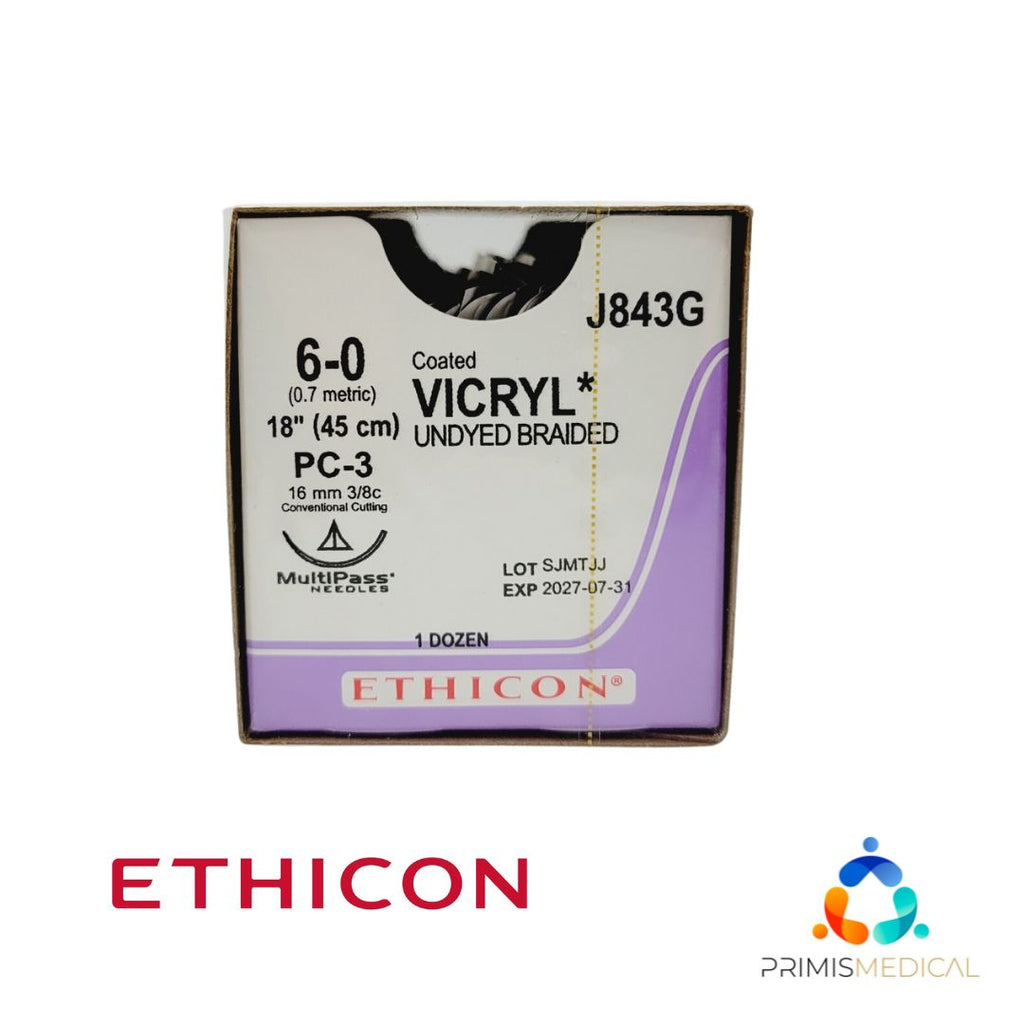 Ethicon Coated VICRYL J843G 6-0 PC-3 16mm Undyed Braided 18", Box of 12