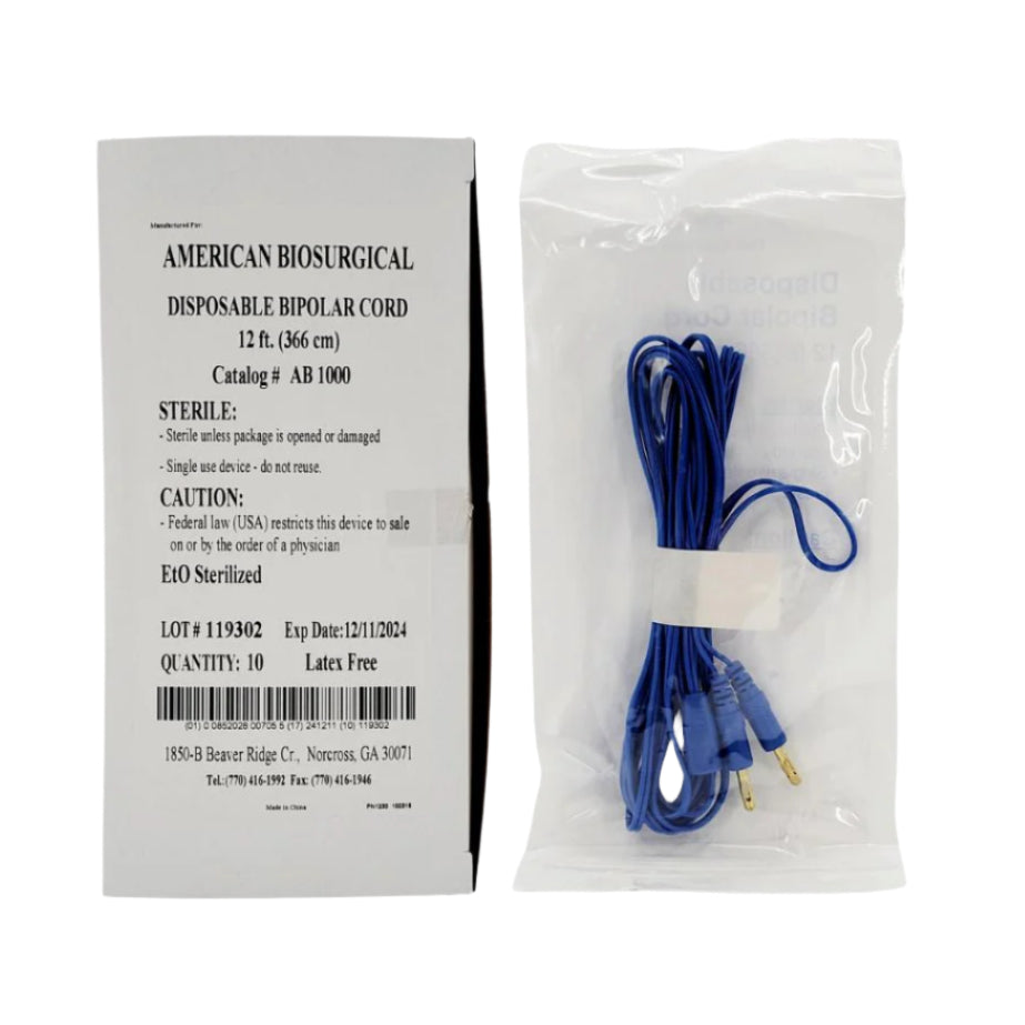 American Biosurgical AB 1000 Disposable Bipolar Cord 12ft. Box of 10