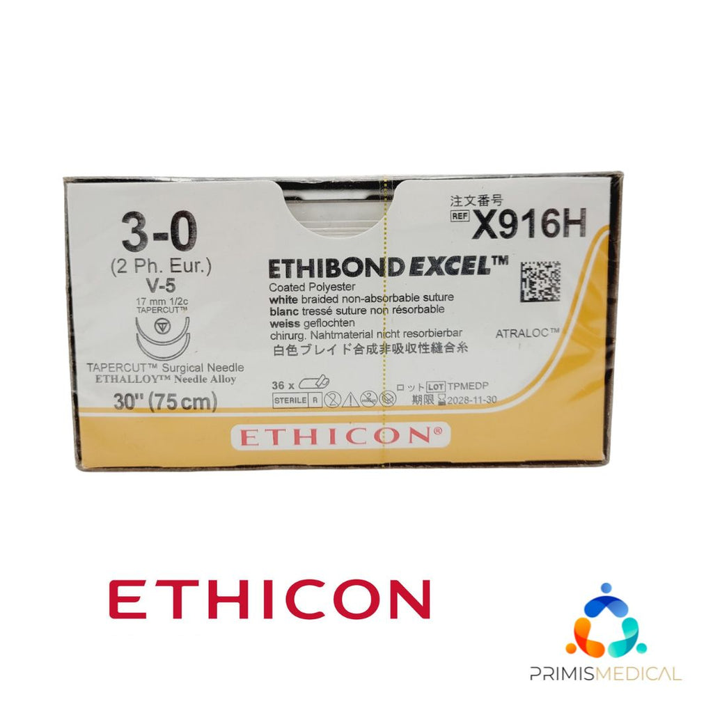 Ethicon X916H 3-0 ETHIBOND EXCEL WHITE 1X30" V-5 DOUBLE ARMED Box of 36