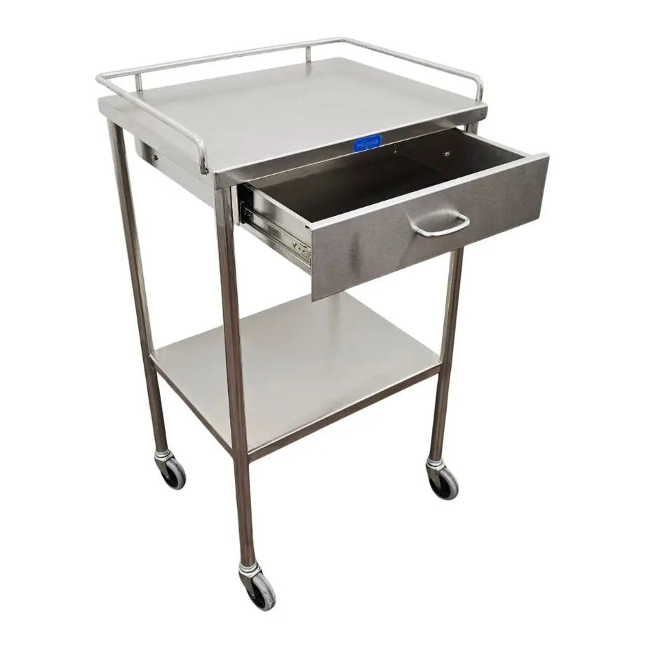 Pedigo SG-80-SS Stainless Steel Utility Cart w/ Shelf Drawer & Rail Primis Medical