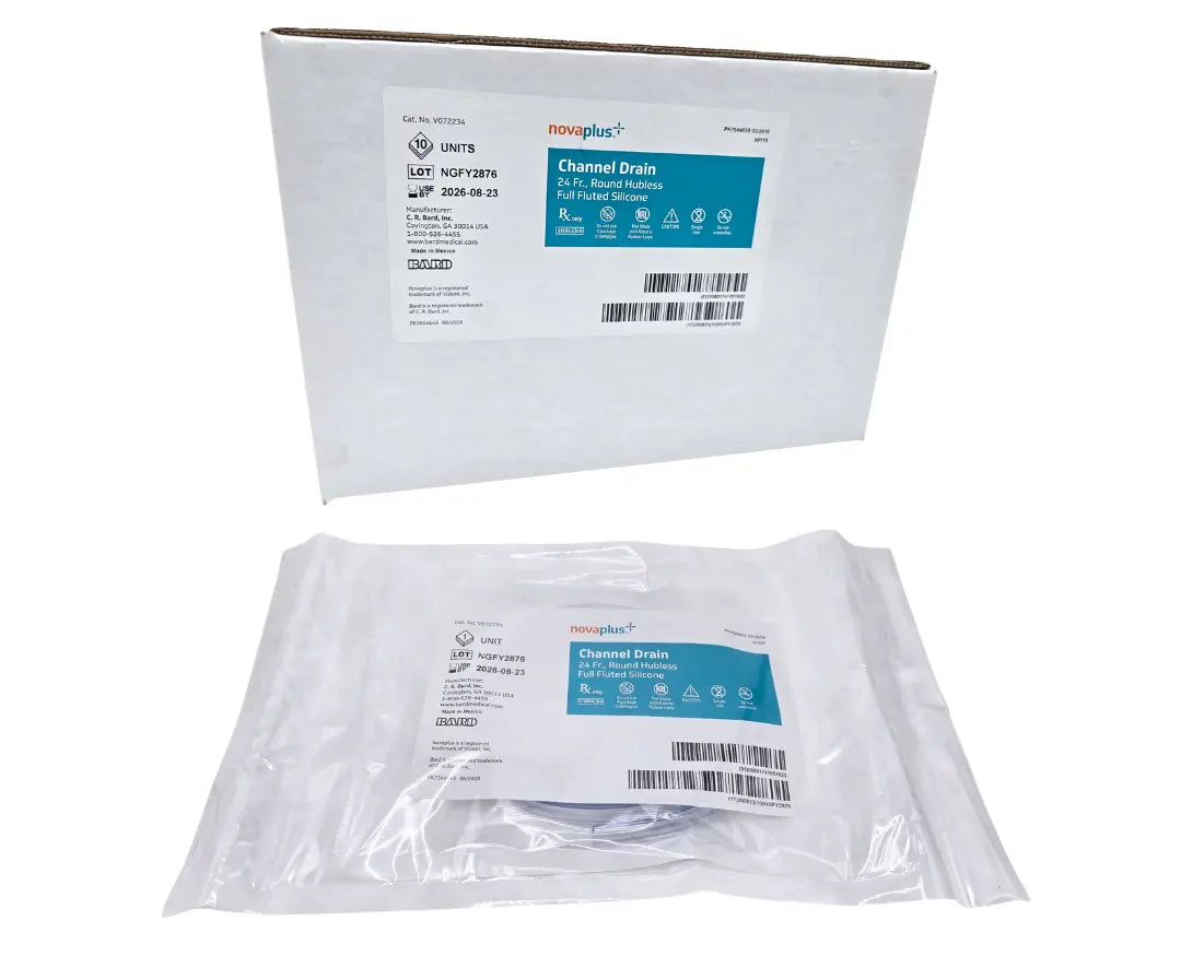 Novaplus V072234 Novaplus Channel Drain 24Fr Round Hubless Full Fluted Silicon Primis Medical