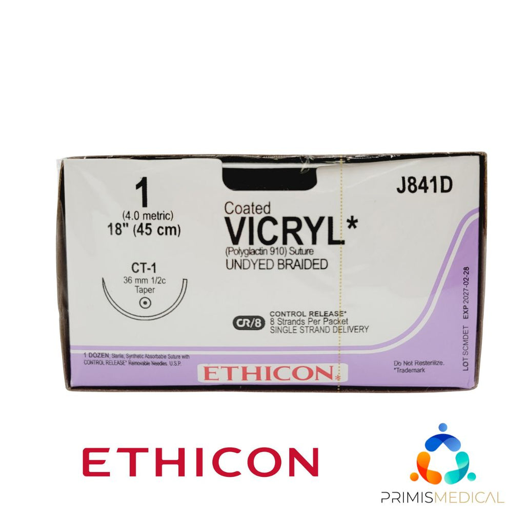 Ethicon J841D 1 Coated VICRYL UNDYED 1X18" CT-1 36mm Box of 12