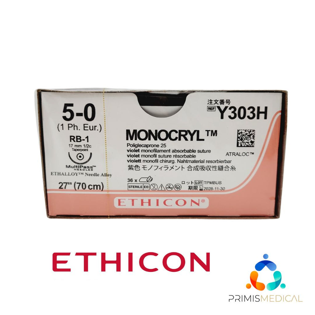 Ethicon Y303H 5-0 MONOCRYL VIOLET 1X27" RB-1 MULTIPASS Box of 36