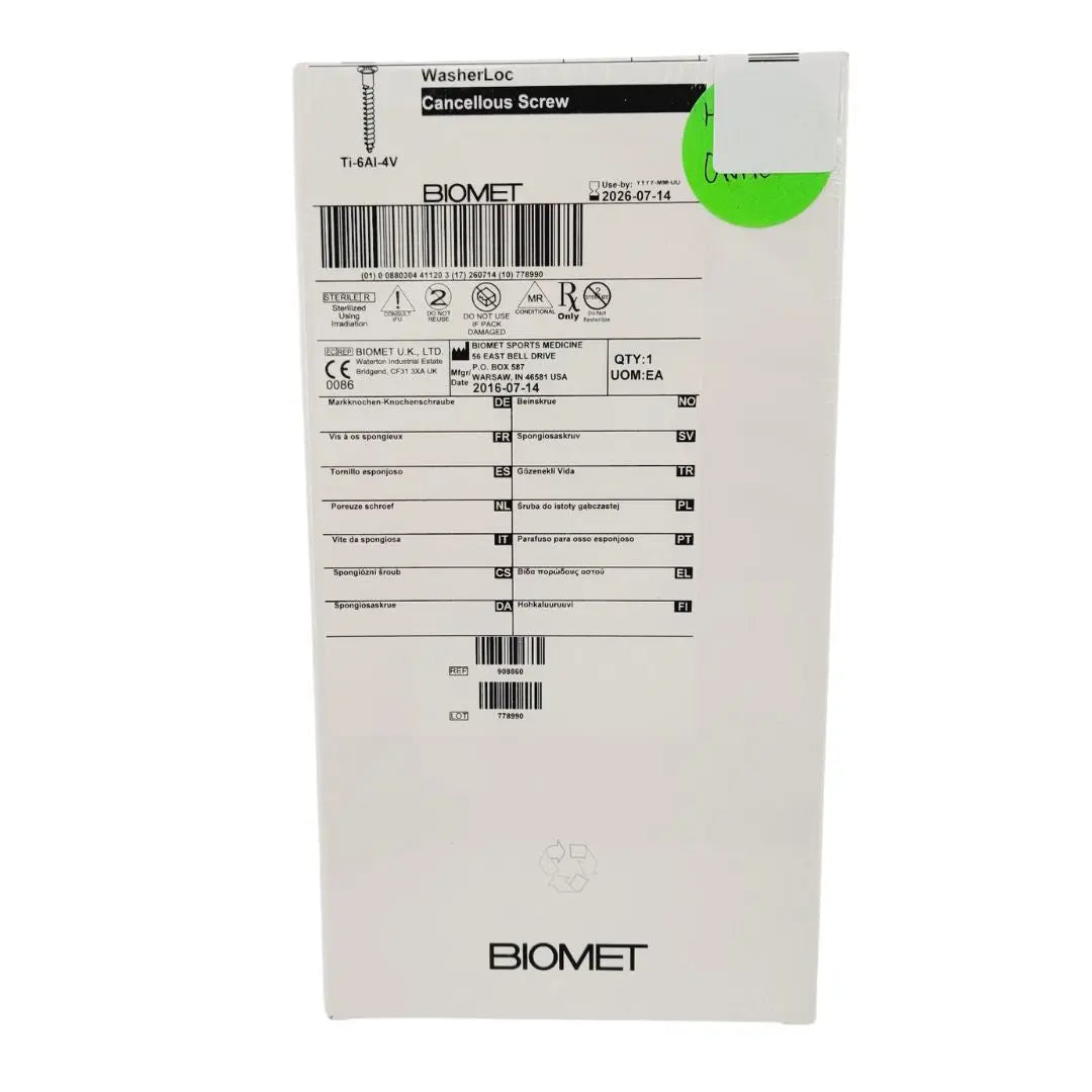 Biomet 908860 Ti-6AI-4V WasherLoc Cancellous Screw 6mm x 60mm Biomet