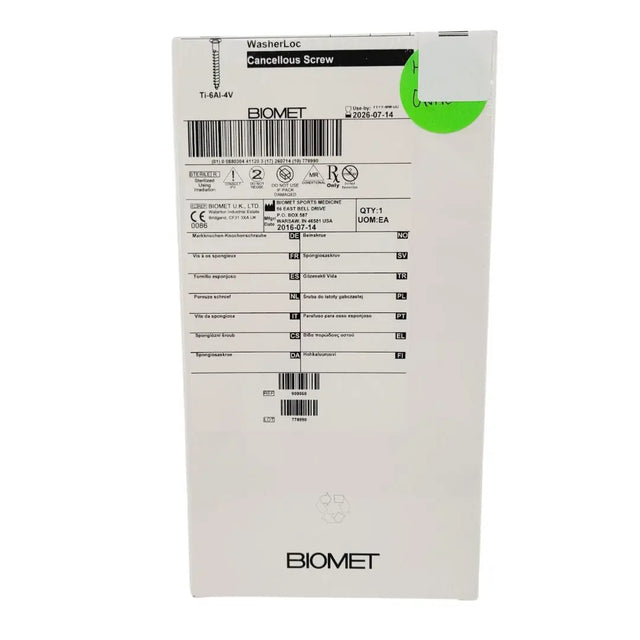 Biomet 908860 Ti-6AI-4V WasherLoc Cancellous Screw 6mm x 60mm Biomet