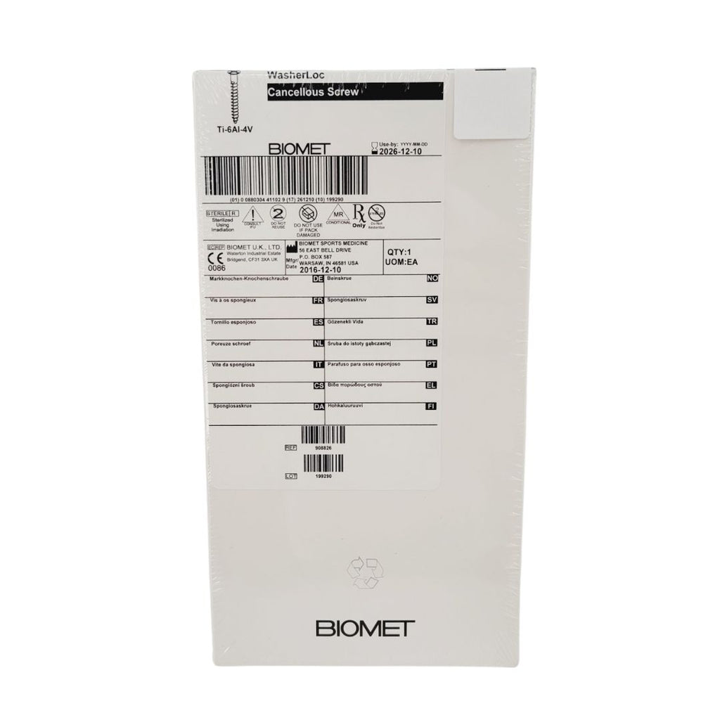 Biomet 908826 Ti-6AI-4V WasherLoc Cancellous Screw 6mm x 26mm