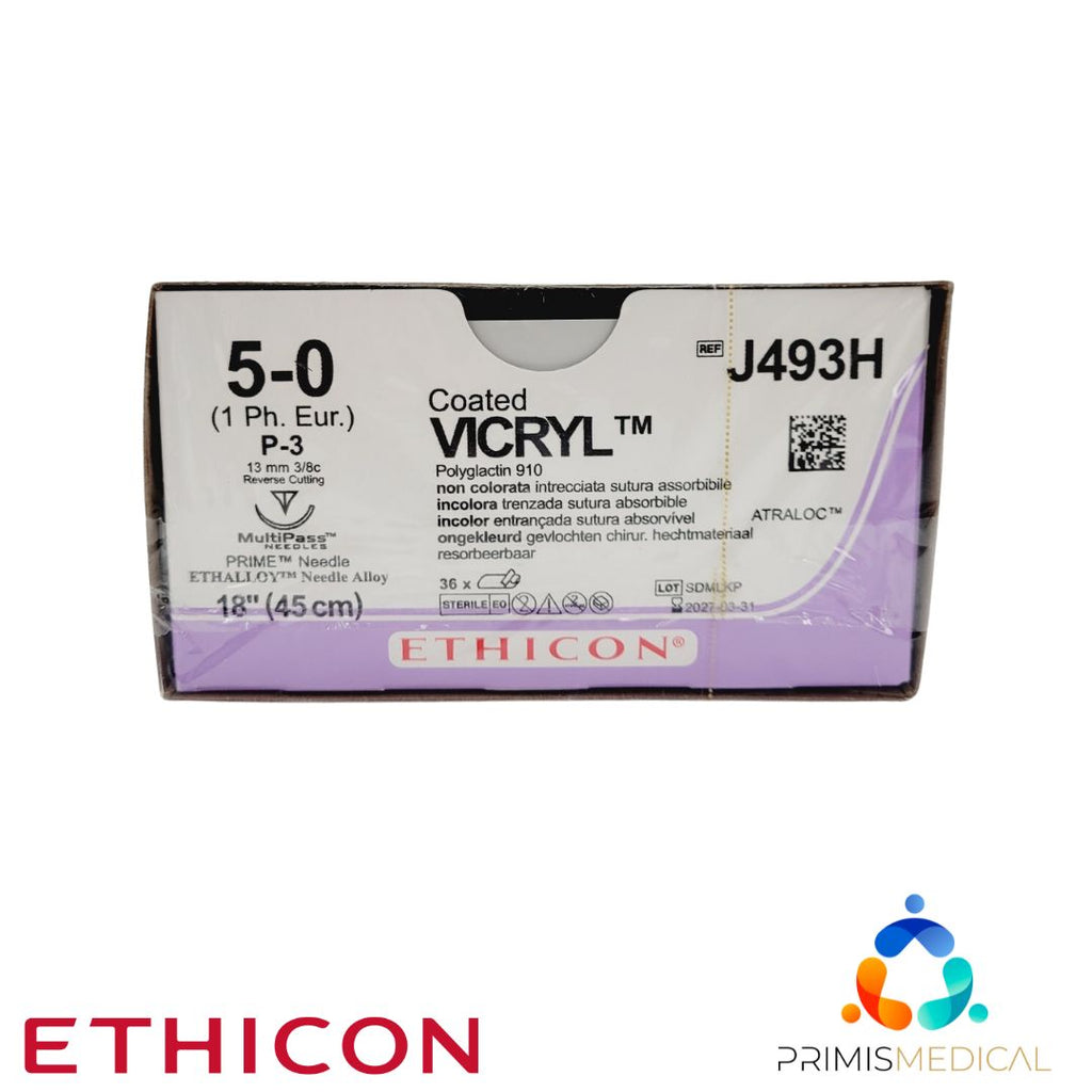 Ethicon J493H 5-0 Coated Vicryl Undyed 1 x 18" P-3 36 Box EXP 03-31-2027