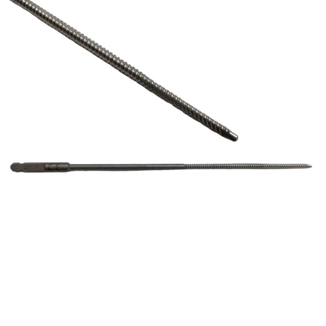 Two metal rods with threading on a white background