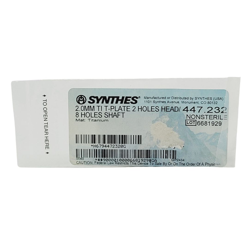 Synthes 447.232 2.0mm TI T-Plate 2 Holes Head/ 8 Holes Shaft