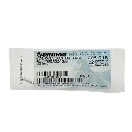 Synthes 206.018 4.0mm Cancellous Bone Screw Fully Threaded 18mm Synthes