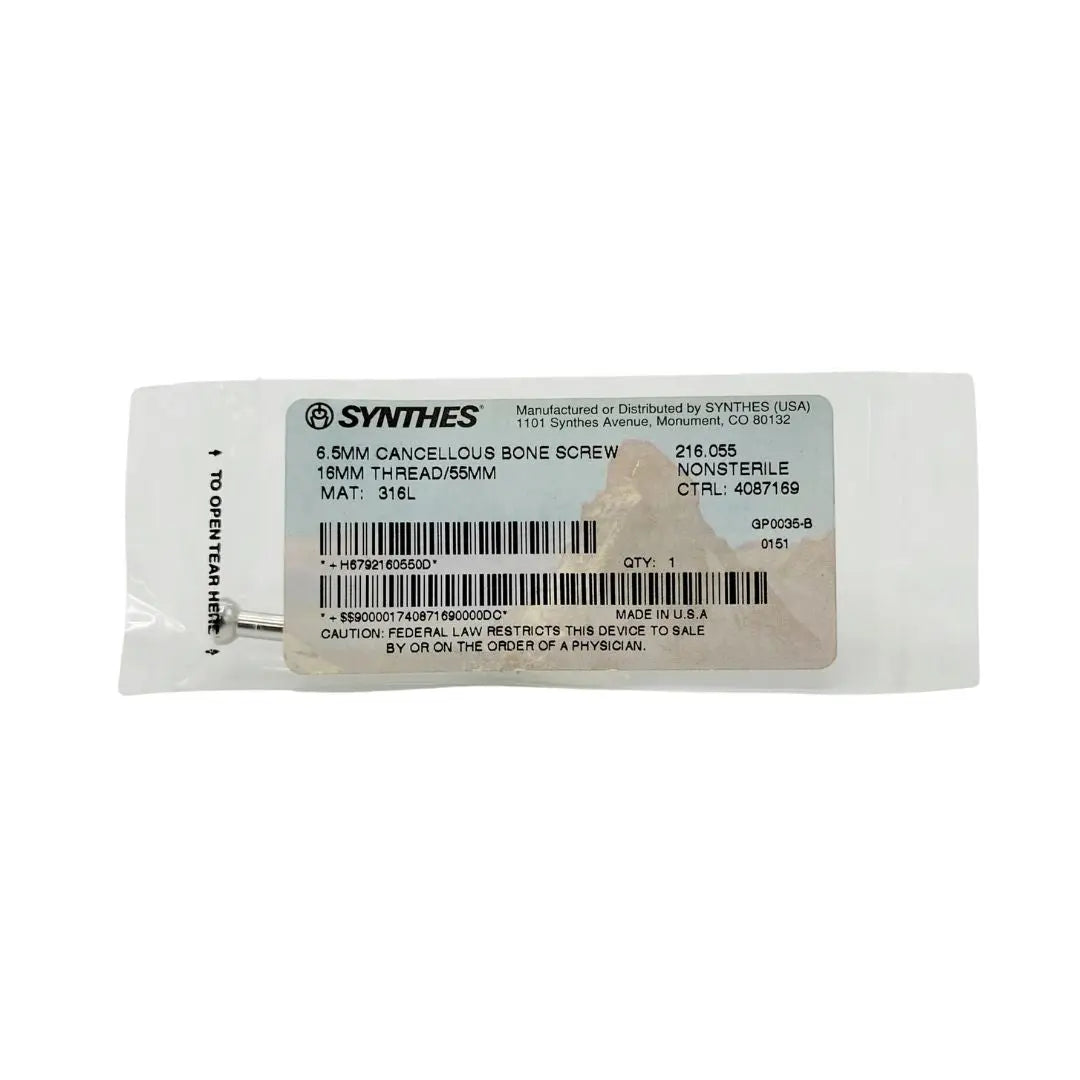 Synthes 216.055 6.5mm Cancellous Bone Screw 16mm Thread 55mm Synthes