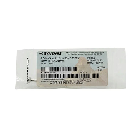 Synthes 216.055 6.5mm Cancellous Bone Screw 16mm Thread 55mm Synthes