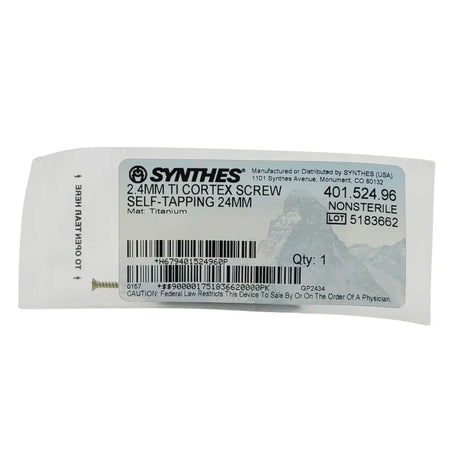 Synthes 401.524.96 2.4mm TI Cortex Screw Self-Taping 24mm Synthes