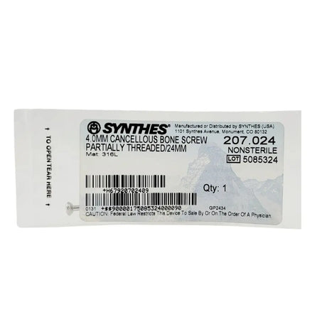 Synthes 207.024 4.0mm Cancellous Bone Screw Partially Threaded 24mm Synthes