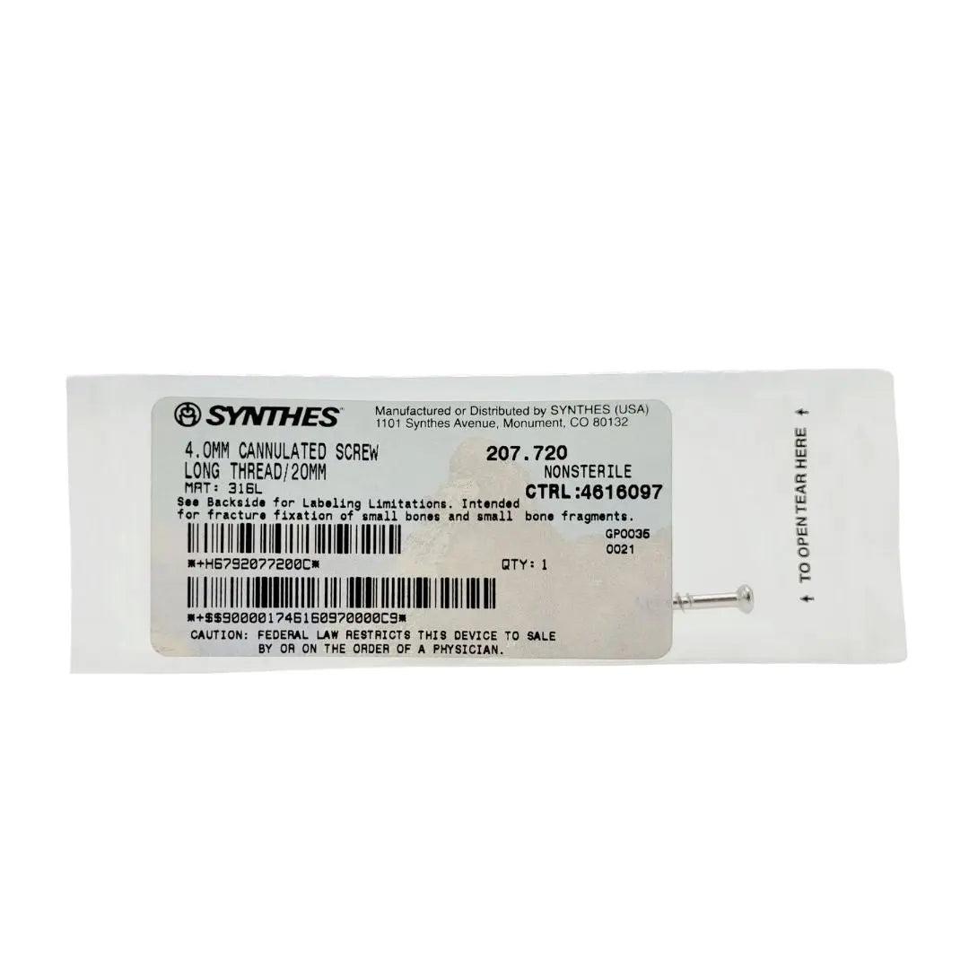 Synthes 207.720 4.0mm Cannulated Screw Long Thread 20mm Synthes
