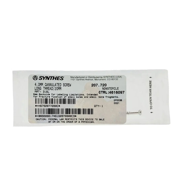 Synthes 207.720 4.0mm Cannulated Screw Long Thread 20mm Synthes