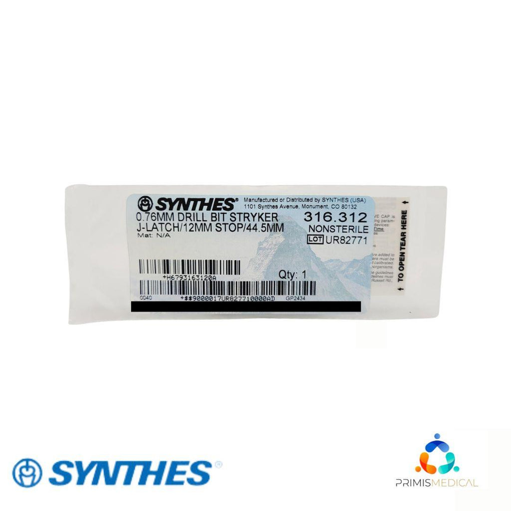 Synthes 316.312 Drill Bit 0.76mm Stryker J-Latch 12mm Stop Orthopedic 2"