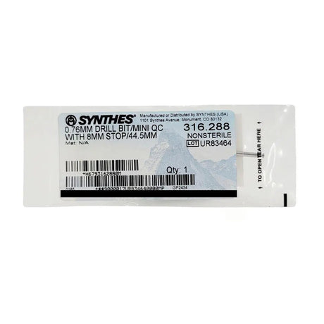 Synthes 316.288 Quick Connect Drill Bit 0.76mm Mini w/ 8mm Stop 1-3/4" New Primis Medical