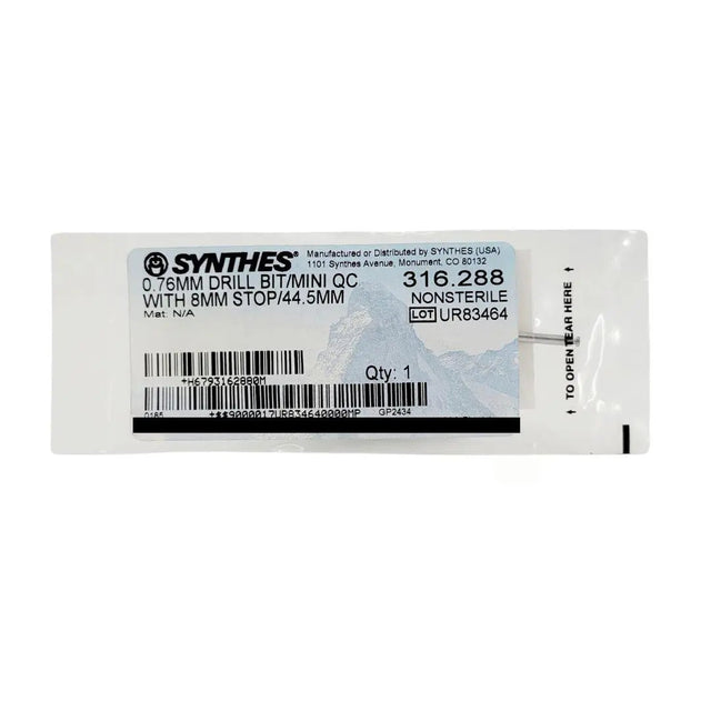 Synthes 316.288 Quick Connect Drill Bit 0.76mm Mini w/ 8mm Stop 1-3/4" New Primis Medical